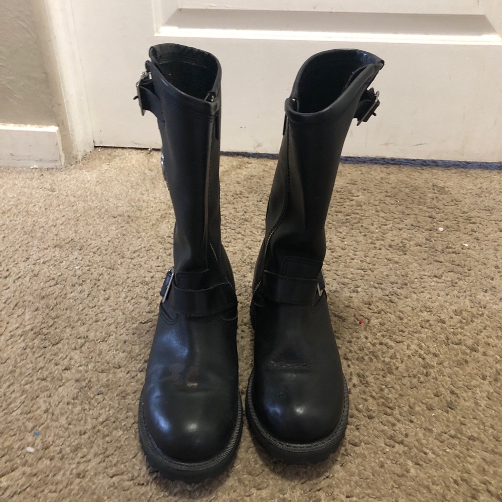 Harley-Davidson men’s /women’s Black Leather Mid-Calf Buckle Boots Size 7